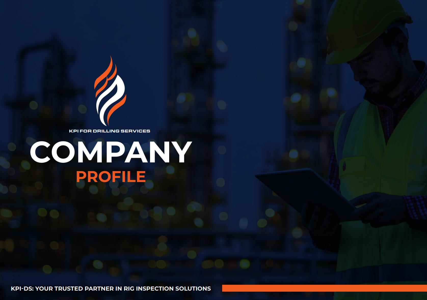 A set of open brochures showcasing various aspects of a company profile, including images of oil rigs and silhouettes of workers